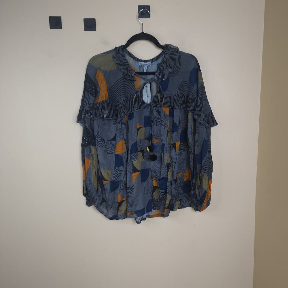 Conditions Apply Abstract Print Long Sleeve Ruffle Blouse Size M